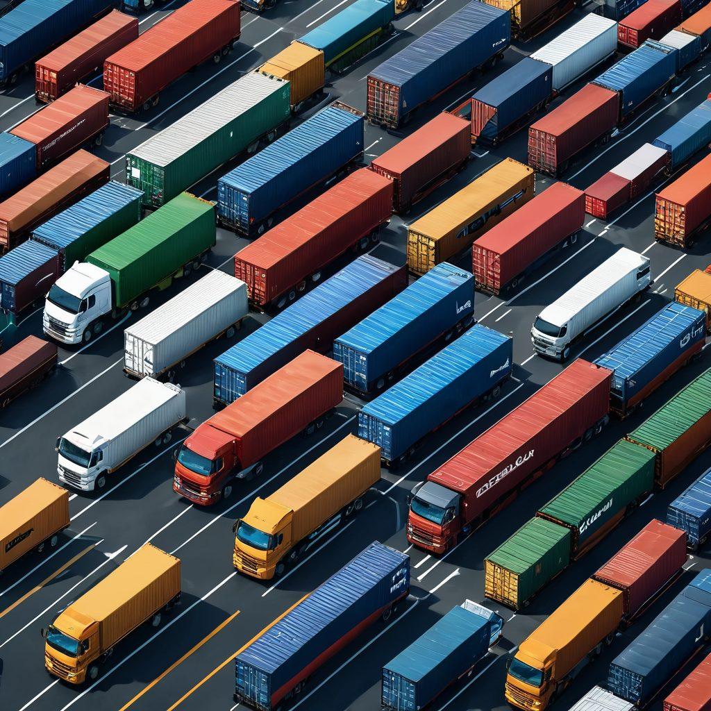A visually striking digital illustration of a freight transportation scene, featuring a diverse array of trucks and containers, with a powerful lock symbol representing load management at the center. The background includes a busy logistics hub with cranes and shipping routes, incorporating elements like charts and tools that symbolize optimization and efficiency. The overall tone should be dynamic and impactful, emphasizing the importance of load management. super-realistic. vibrant colors. 3D.