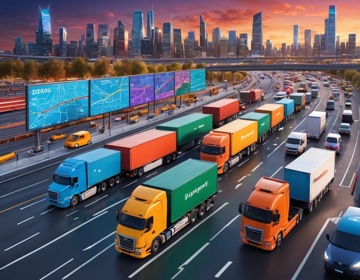 Illustrate a bustling transportation marketplace featuring diverse trucks loaded with goods, a digital display board showcasing load optimization metrics, and professionals discussing strategies in front of a 3D map of routes. Include vibrant colors to emphasize energy and movement, with a skyline in the background representing various logistics hubs. super-realistic. vibrant colors. 3D.