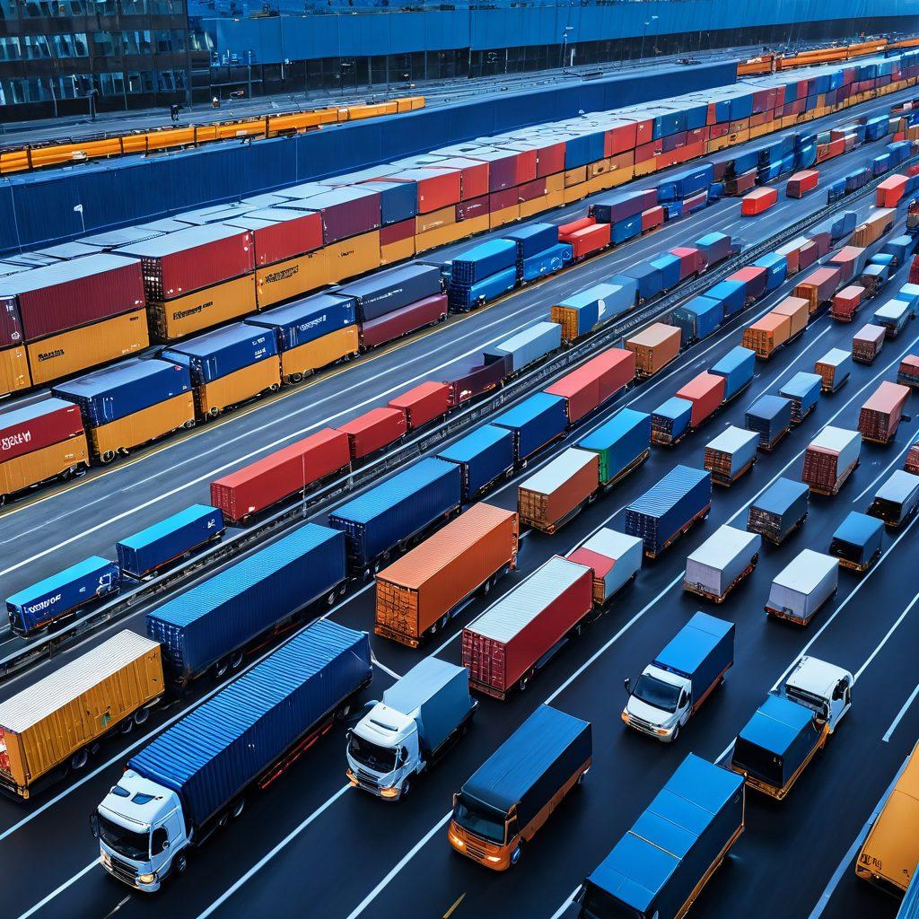 A dynamic, modern freight transportation scene showcasing various trucks loading cargo on a vibrant data load board. Integrate graphical elements representing efficiency, like speed lines and bar graphs, conveying fast processing and organization. Highlight diverse trucks in action, surrounded by digital interface overlays displaying real-time data metrics. Incorporate a skyline of warehouses in the background, representing a bustling logistics hub. super-realistic. vibrant colors. 3D.